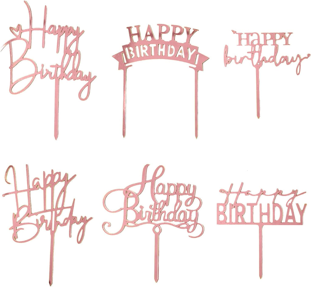Rose Gold Cake Topper, 6pcs Acrylic Cake Toppers for Birthday Decorations