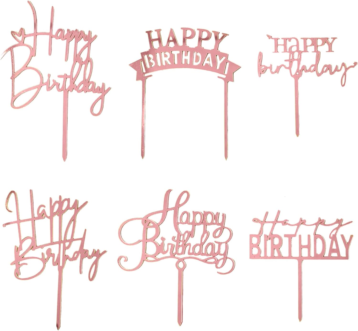Rose Gold Cake Topper, 6pcs Acrylic Cake Toppers for Birthday Decorations