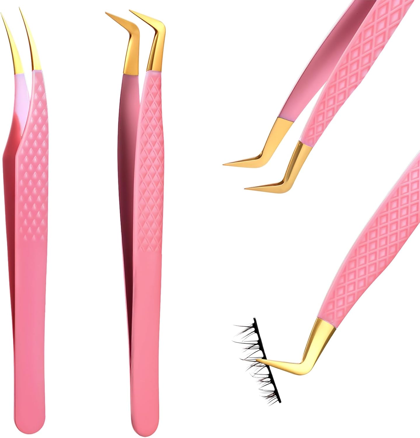 TIESOME Lash Tweezers for Eyelash Extensions, 2 PCS Pink Stainless Steel Eyelash Tweezers Set Premium Curved Tip Precision Lash Tweezer Professional False Eyelashes Application Tools