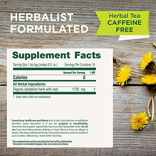 Traditional Medicinals Organic, Dandelion Leaf & Root - Dandelion Root Tea, Supports Normal Detox + Digestion - Kosher, Non-GMO, Caffeine-Free, Compostable - 16 Tea Bags
