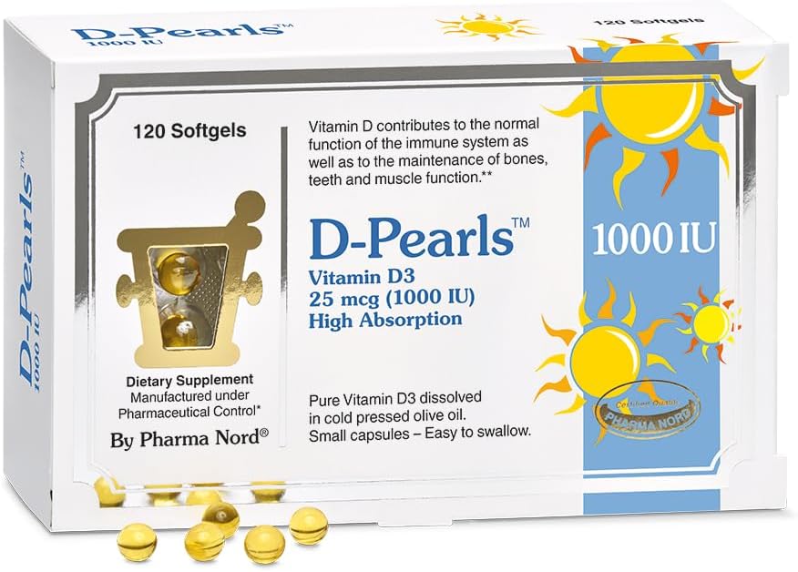 Pharma Nord D-Pearls 1000 iu (25 mcg) High Absorption Vitamin D3 - Daily Immune, Bone, & Muscle Support, Easy-to-Swallow Tiny Softgels in Organic Olive Oil, Non-GMO, Gluten-Free, 120 Count