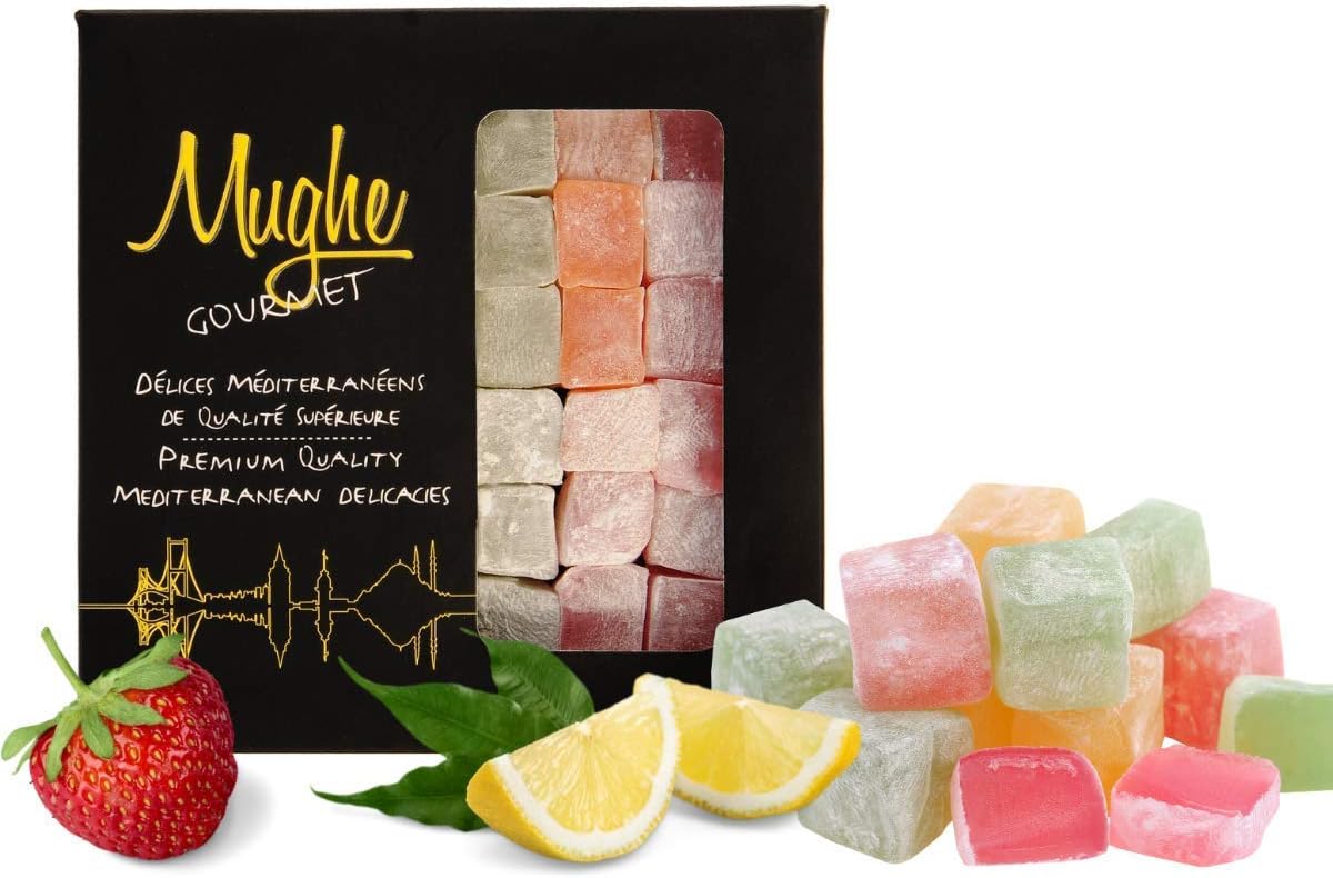 Mughe Gourmet Turkish Delight Candy Gift Box - 13.05oz/370g - Halal Vegan Lokum Fruit Flavors Rose, Strawberry, Lemon, Orange, Mint - Gifts for Special Occasions, Halloween, Christmas, Birthdays