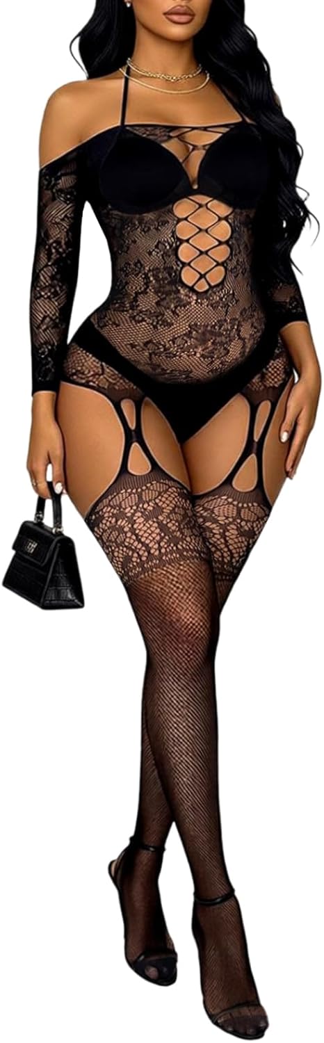 Buitifo Womens Fishnet Bodystocking Plus Size Crotchless Bodysuit Sexy Tights Soft Nightwear Lingerie