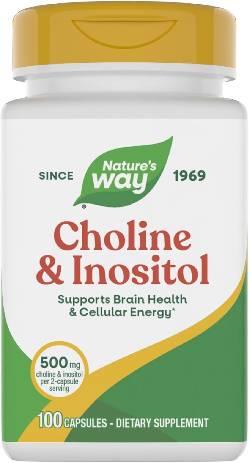 Nature's Way Choline & Inositol, Supports Brain Health & Cellular Energy*, 500 mg Choline & 500 mg Inositol per 2-capsule serving, Gluten Free, 100 Capsules (Packaging May Vary)
