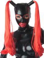 Black Latex Hood with Red Trim with Double Red Ponytail Wigs Back Zipper Rubber Mask Cosplay Club Wear