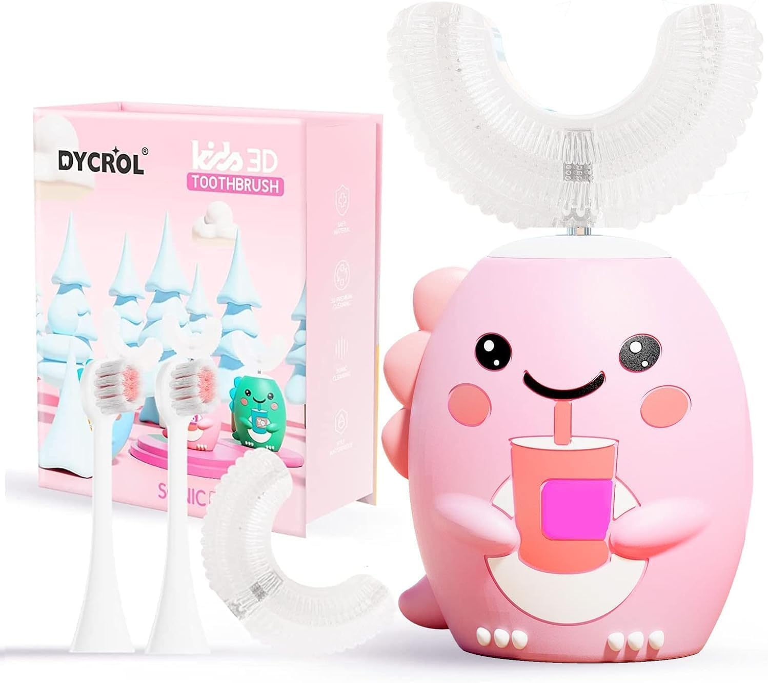 Kids U Shaped Electric Toothbrush with 4 Brush Heads, Sonic Toothbrush Kids with 5 Modes, Cartoon Dinosaur 360-Degree Cleaning IPX7 Waterproof Design (6-12 Age (Pink))