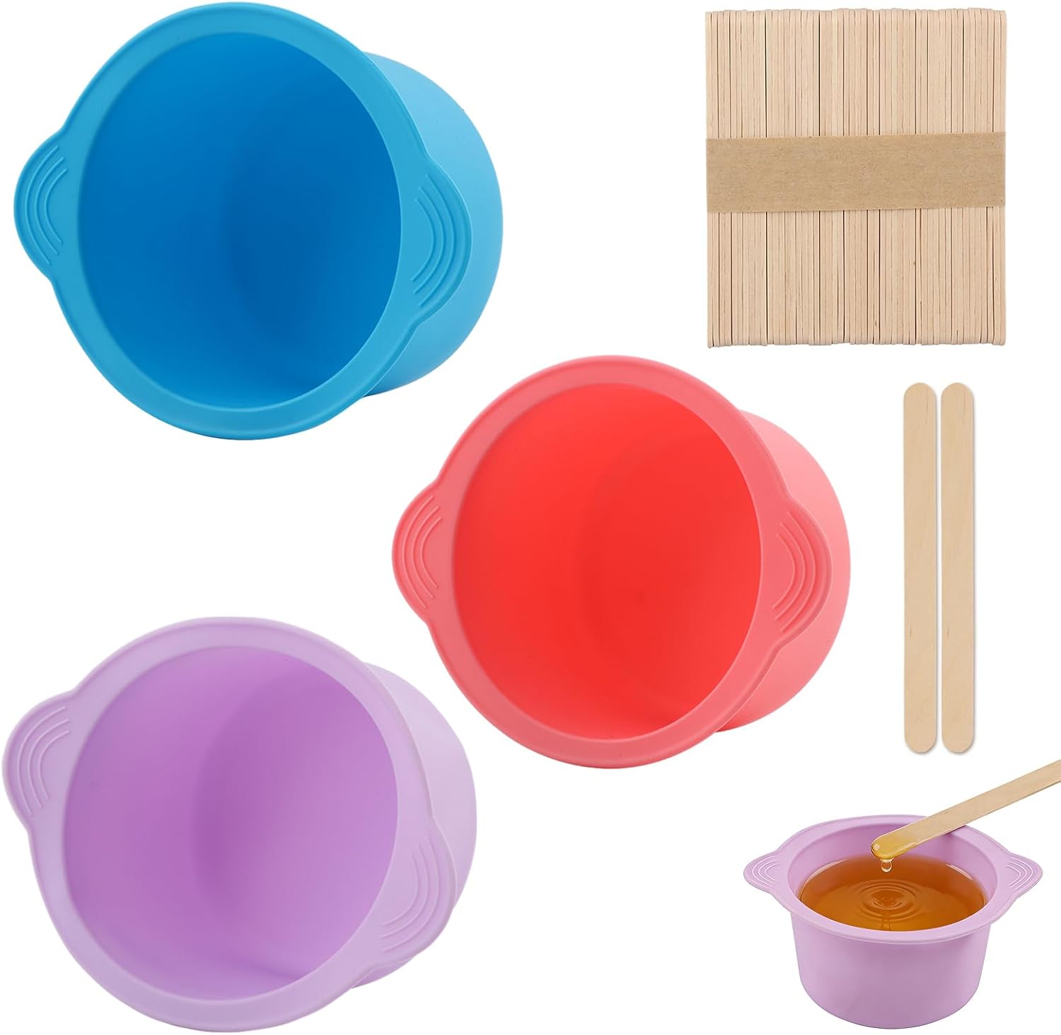 3Pcs Silicone Wax Warmer Liner,14oz Reusable Silicone Wax Pot Liner,Non-Stick Wax Melt Warmer Pot Replacement with 50Pcs Waxing Sticks,Easy to Clean,for Body Hair Removal
