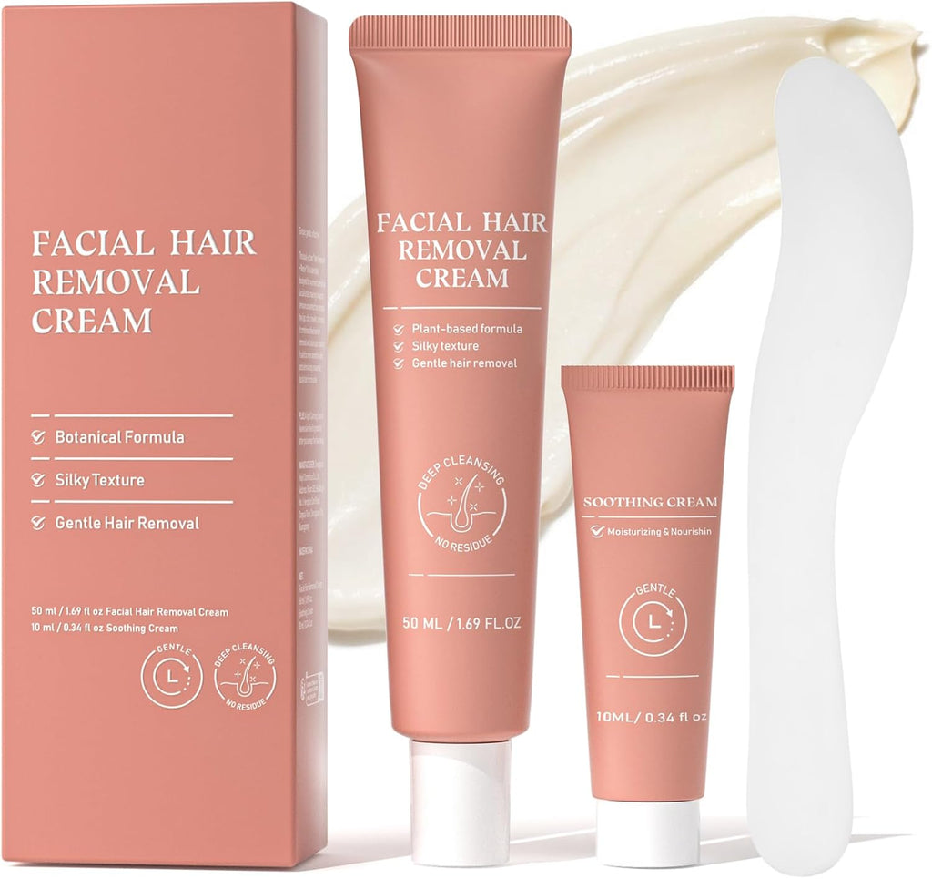Facial Hair Removal Cream for Women, 2-in-1 Gentle Face Hair Removal Cream with Soothing Cream, Depilatory Creams for Sensitive Skin, Face Chin Upper Lip Hair Remover for Smooth Soft Skin, 2.03 Fl Oz