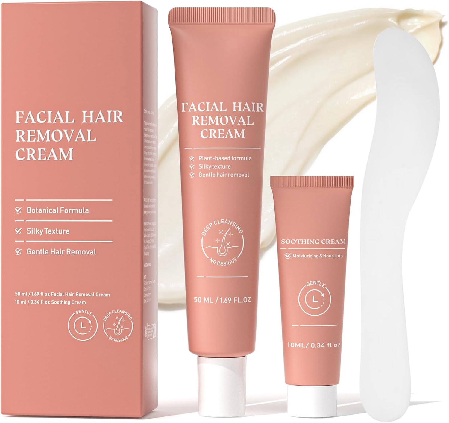 Facial Hair Removal Cream for Women, 2-in-1 Gentle Face Hair Removal Cream with Soothing Cream, Depilatory Creams for Sensitive Skin, Face Chin Upper Lip Hair Remover for Smooth Soft Skin, 2.03 Fl Oz