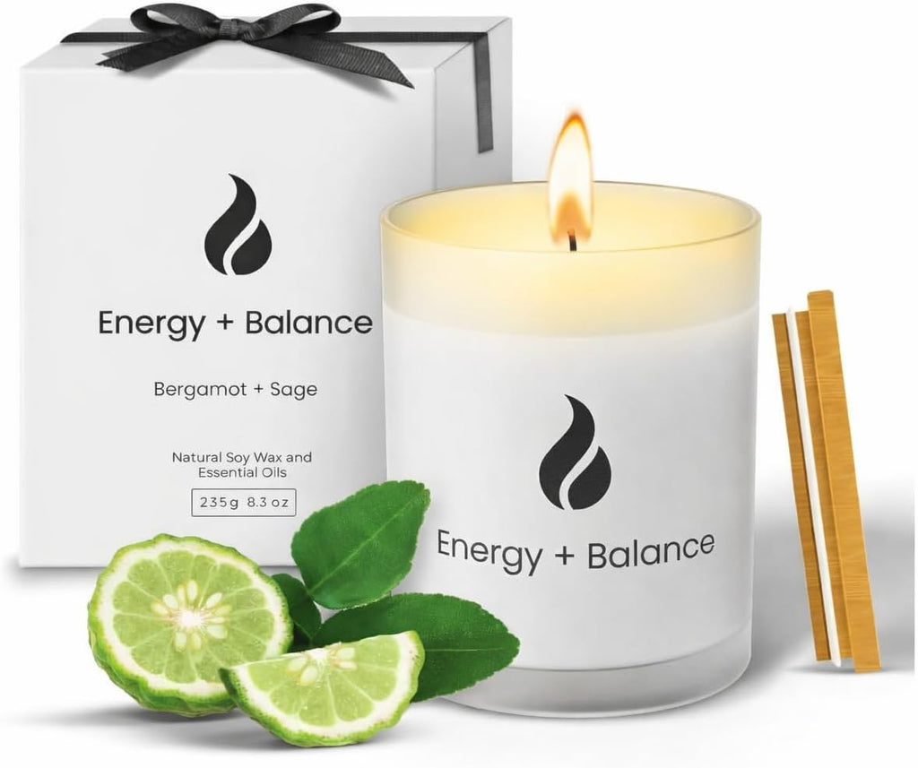 Natur IX Cleansing Scented Candles for Home | Sage & Palo Santo | Natural Non Toxic Soy Candles with Essential Oils | 50 H Long Burning | (Energy + Balance | Bergamot & Sage)