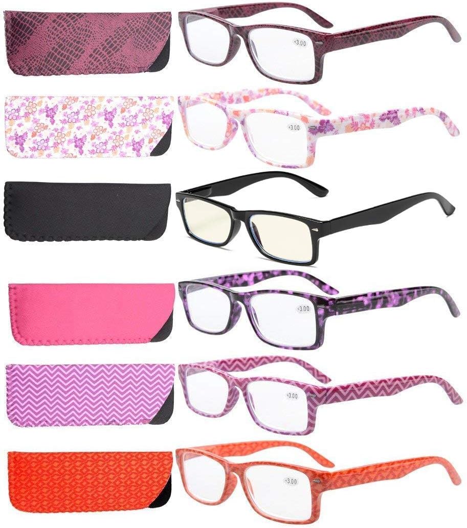 Eyekepper 6-Pack Spring Hinges Patterned Rectangular Reading Glasses Include Computer Readers Women