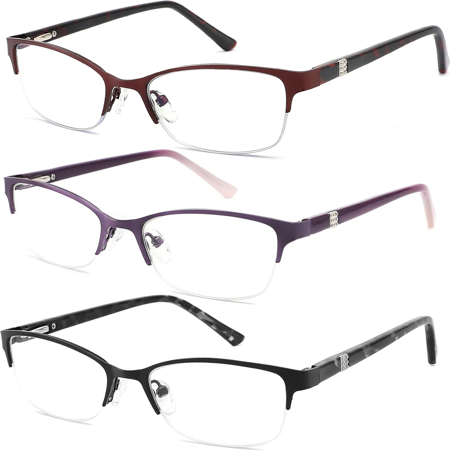 Blue Light Blocking Reading Glasses for Women - 3 Pack with Metal Oval Frame, Spring Hinge, Anti Blue Ray - 225 Magnification Strength