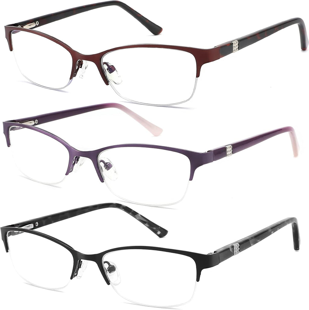 3 Pack Reading Glasses for Women Blue Light Blocking, Metal Oval Half Frame Womens Readers Glass with Spring Hinge, Anti Blue Ray Reduce Eye Strain Glare Headache(175 Magnification Strength)