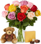 From You Flowers - One Dozen Rainbow Roses with Chocolates & Bear with Glass Vase | Fresh Flower Bouquets for Birthday, Anniversary, Get Well or Celebration