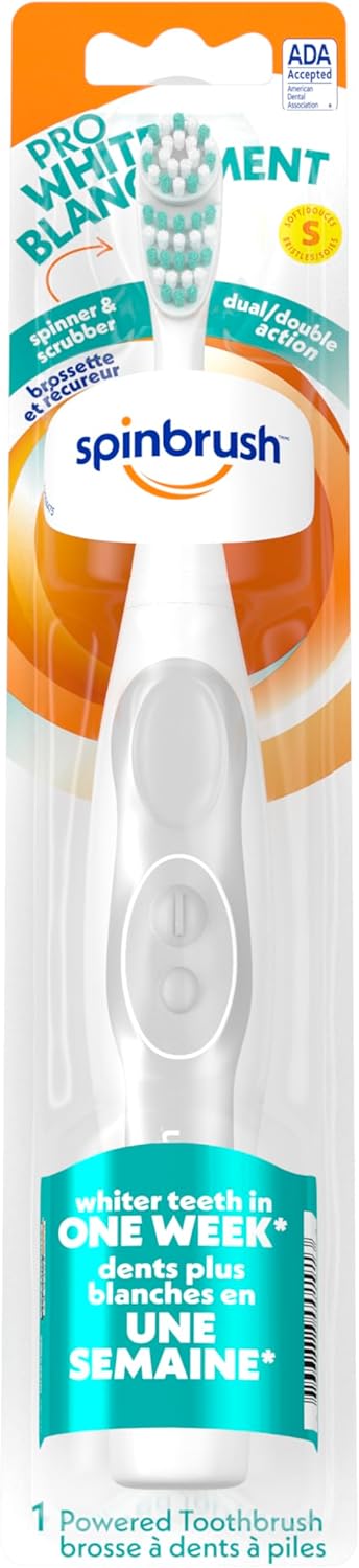 Spinbrush PRO WHITEN Battery Powered Toothbrush, Soft Bristles, 1 Count, Rose Gold or Silver (Colors May Vary)