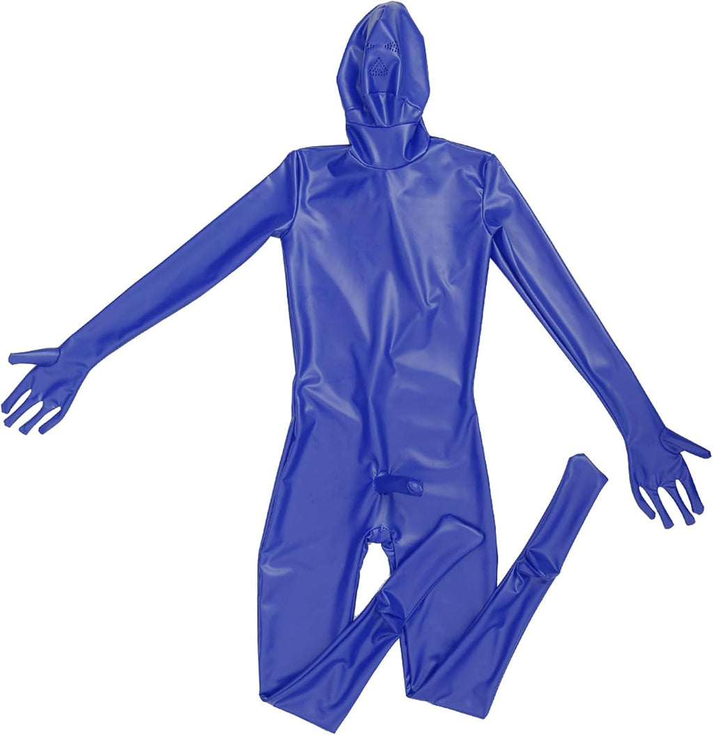 Men's Wetlook PU Leather Bodysuit with Sheath Back with Zipper Full Body Cat Suit with Gloves