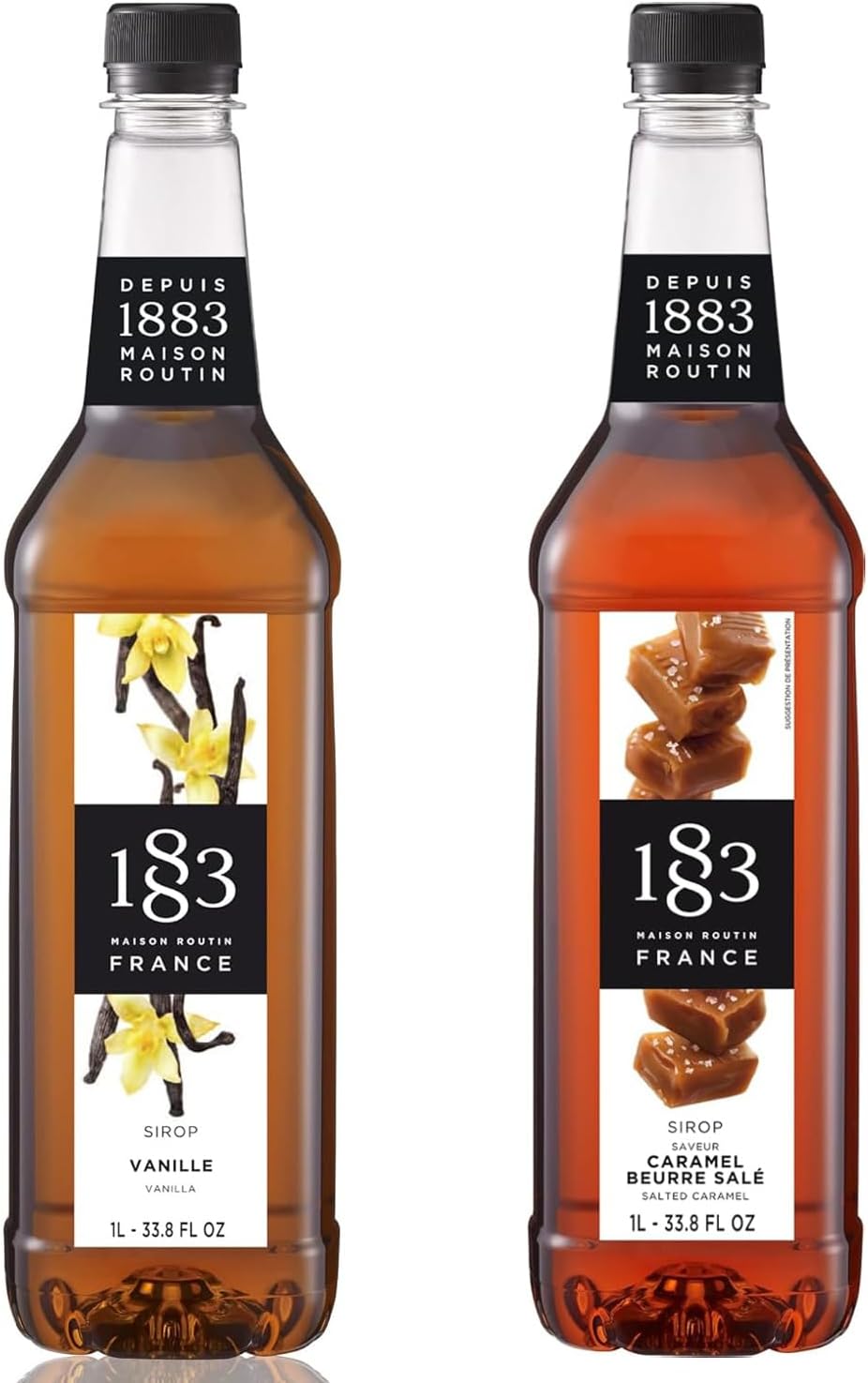 1883 Vanilla & Salted Caramel Syrups (Café Variety Pack) for Coffee & Drinks – 1 Liter Plastic Bottles (Pack of 2)