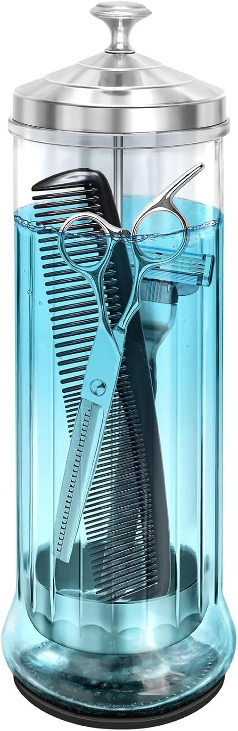 Glass Disinfectant Jar with anti-slip pad 53 Oz/1500ML, Barber Disinfectant Jar With Removable Basket, Large Sterilizing for Manicure & Pedicure Implements Stainless Steel 11.7"H x 3.8"W