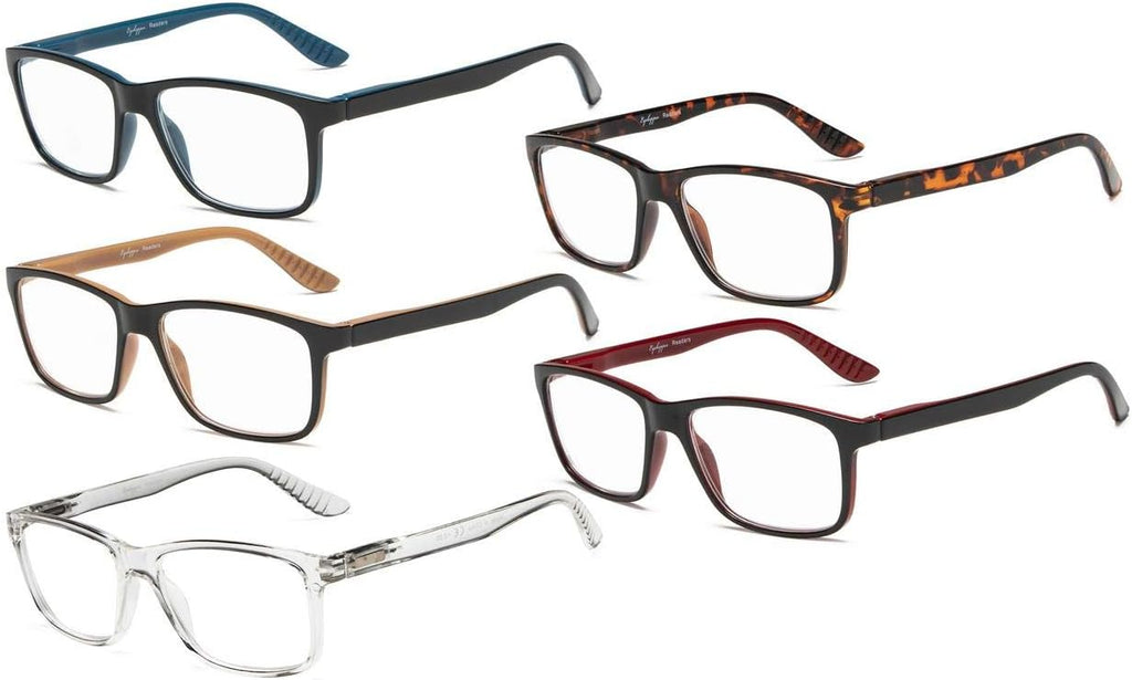 Eyekepper 5 Pairs Reading Glasses Classic Rectangular Frame Mens Womens Spring Hinges