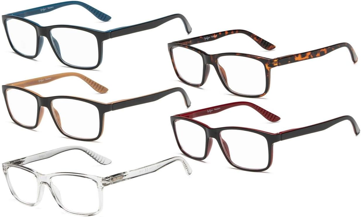 Eyekepper 5 Pairs Reading Glasses Classic Rectangular Frame Mens Womens Spring Hinges