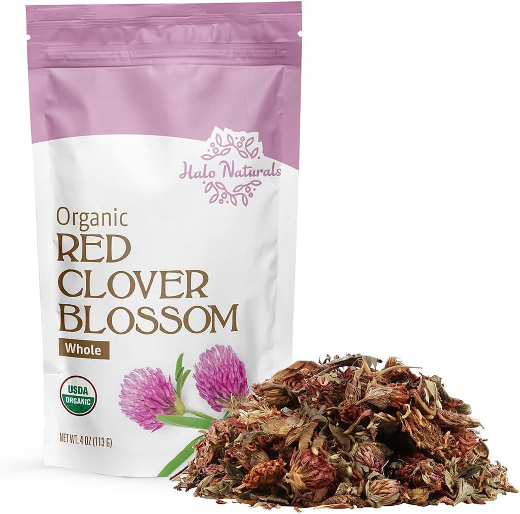 Halo Naturals Organic Red Clover Blossom Whole, 4 Ounces (Trifolium pratense) USDA Certified | Resealable Pouch| Packaged in The USA (Pack of 1)