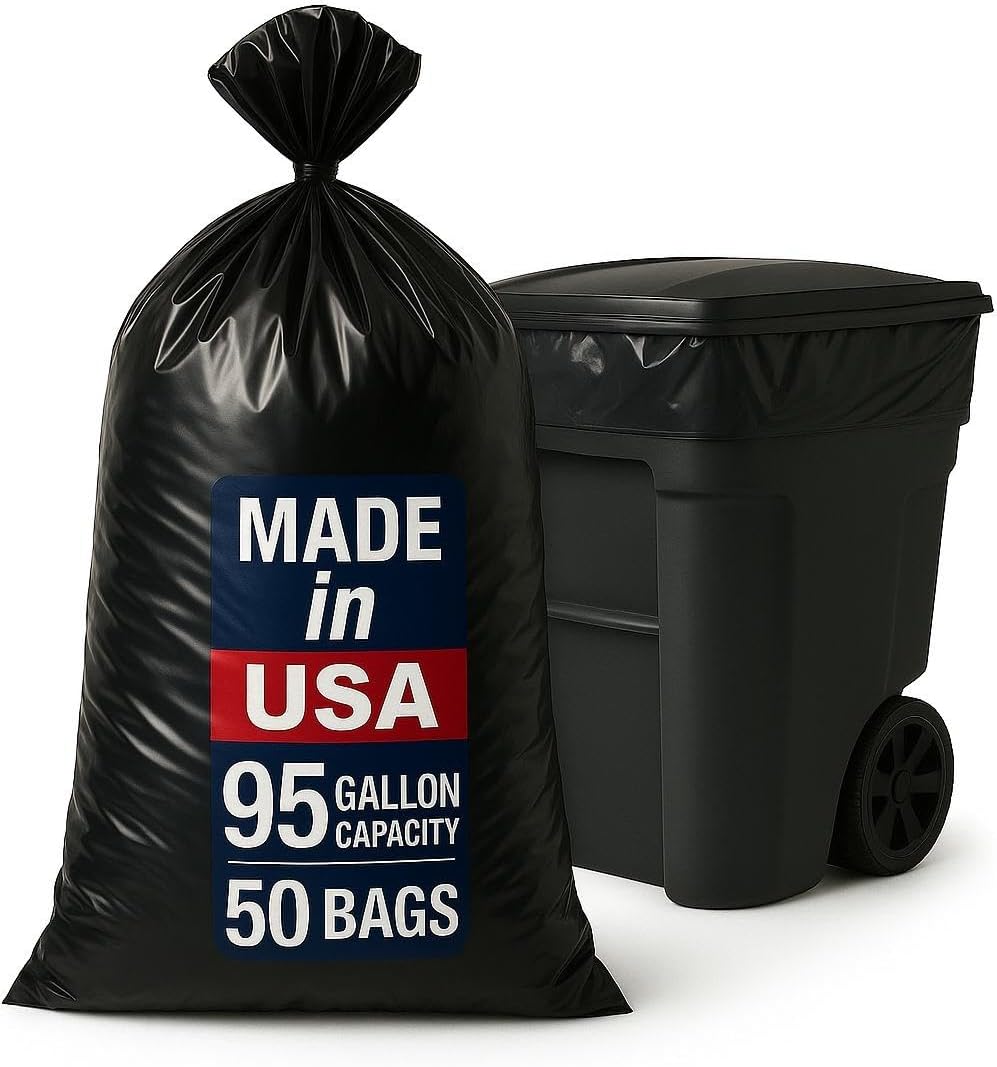95-96 Gallon Extra-Large Black Garbage Can Liners, Heavy-Duty Trash Bags, 50 Bags, 1.5 Mil Thick, Ideal for Commercial & Home Use