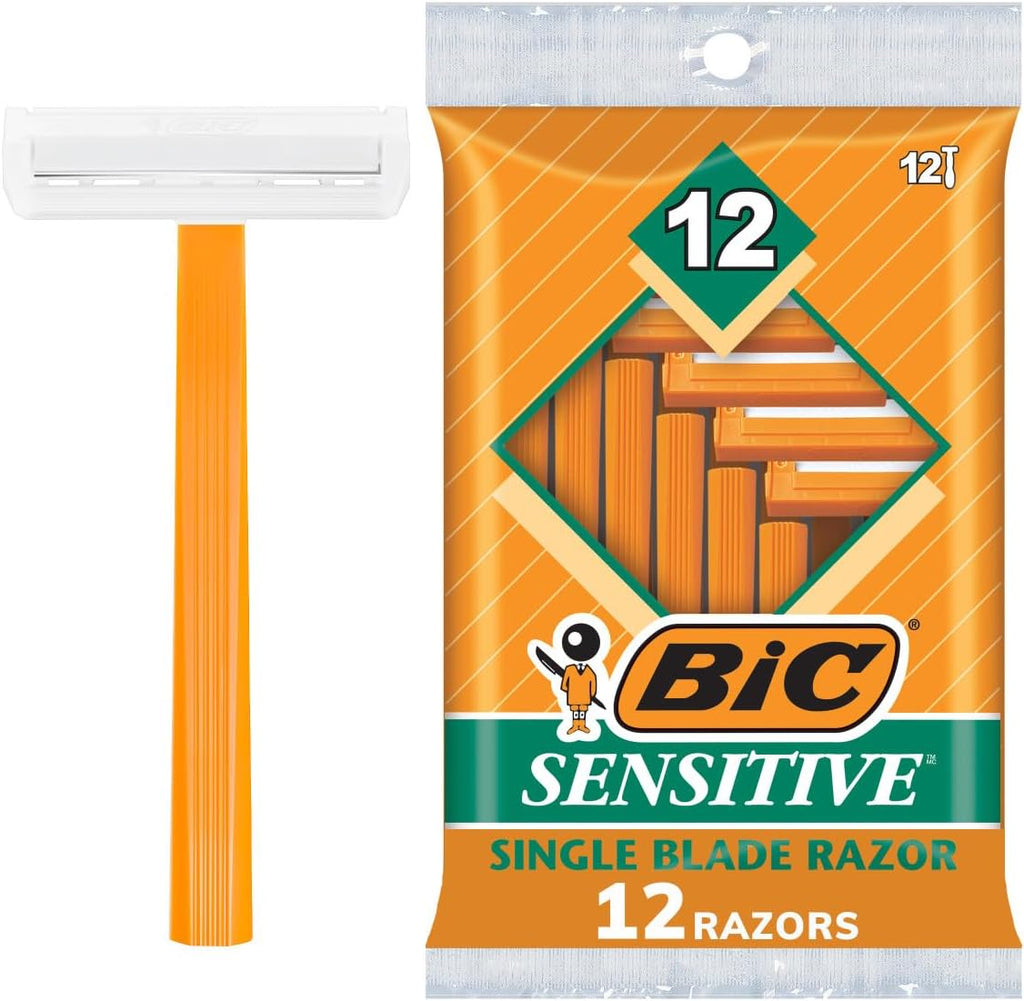 BIC Sensitive Disposable Razors for Men, Long-Lasting 1 Blade Razors for Sensitive Skin, 12 Count