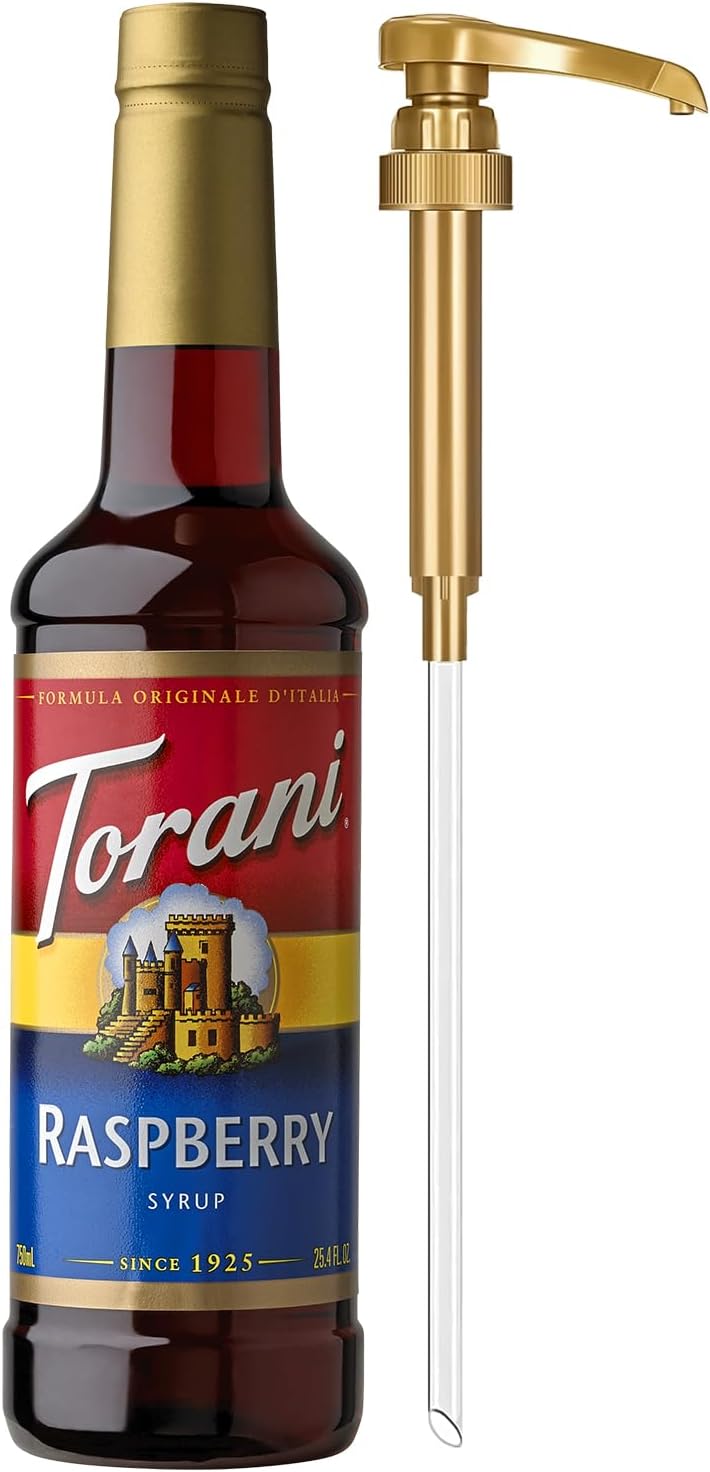 Torani Raspberry Syrup for Drinks, Flavoring for Iced Tea, Lemonade, and Sodas, Pump Included, 25.4 Oz
