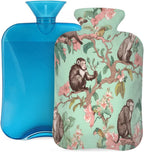 Hot Water Bottle with Cover Monkeys Floral Print, 2L Mini Hot Water Bag for Pain Relief, Cold Days, Gift for Women Men