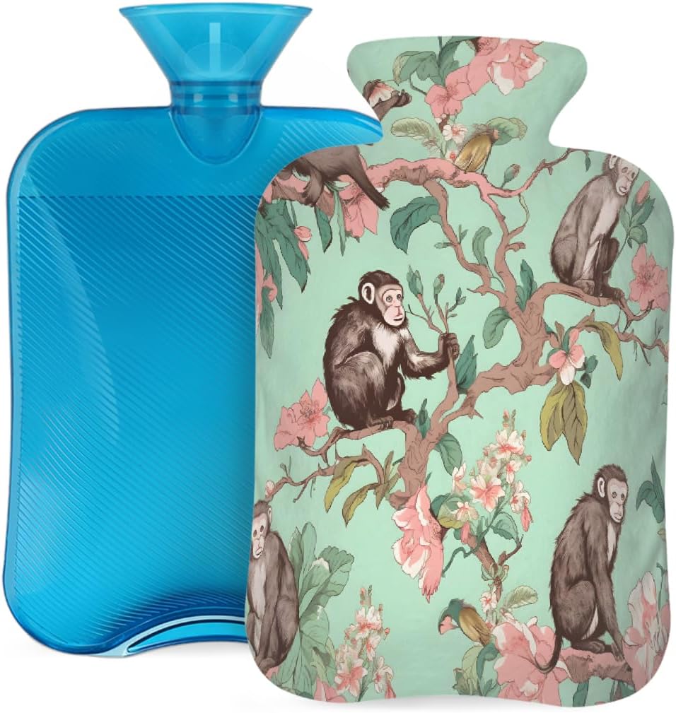 Hot Water Bottle with Cover Monkeys Floral Print, 2L Mini Hot Water Bag for Pain Relief, Cold Days, Gift for Women Men