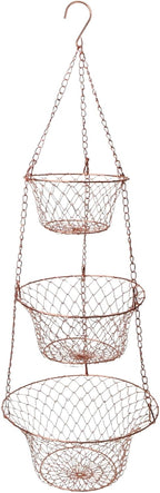 Hanging Fruit Basket – 3 Tier Hanging Baskets for Kitchen – Heavy Duty Wire Fruit and Vegetable Basket with Hooks, Copper Finish 32 Inches Kitchen Organizer, Storage Rack, Durable Iron
