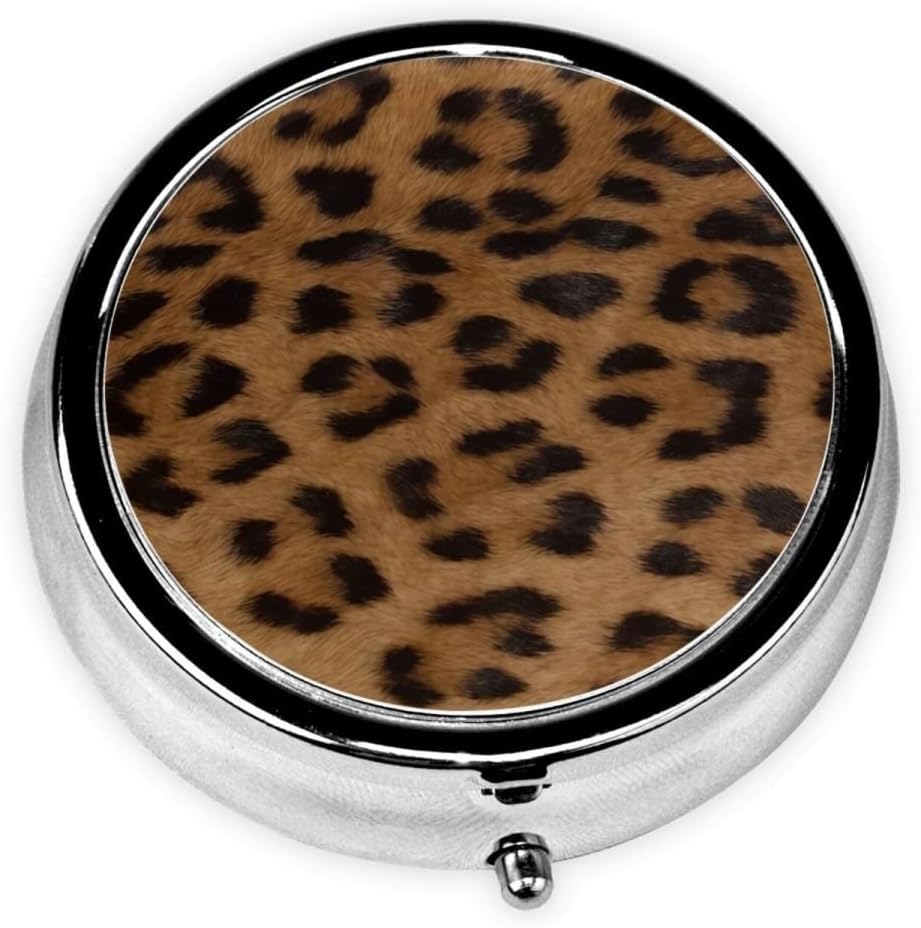 Pill Box 3 Compartment Pocket Small Pill Organizer Mini Metal Pill Holder Travel Portable for Man Woman Old People - Brown Leopard