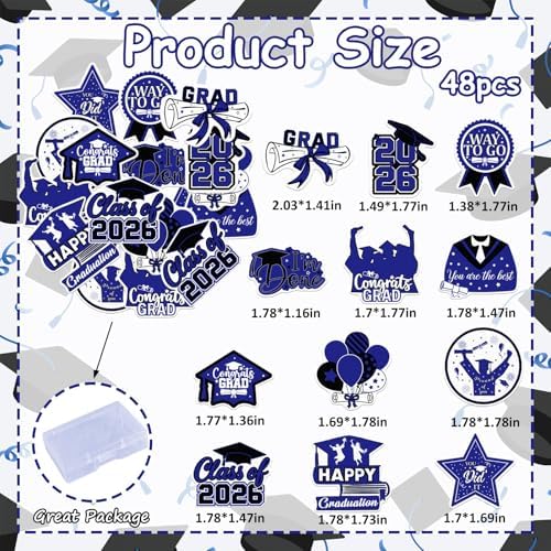 48pcs Edible 2026 Graduation Cupcake Toppers Wafer Paper Blue Class of 2026 Cake Decorations Edible Congrats Grad Cupcake Picks for 2026 Graduation Theme Party Cake Supplies