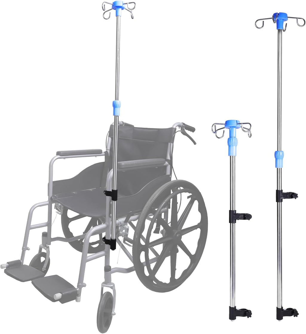 Wheelchair IV Pole Stainless Steel Infusion Stand – Adjustable Height Medical IV Drip Holder with 4 Hooks, Clamp-On Design for Wheelchairs and Hospital Beds