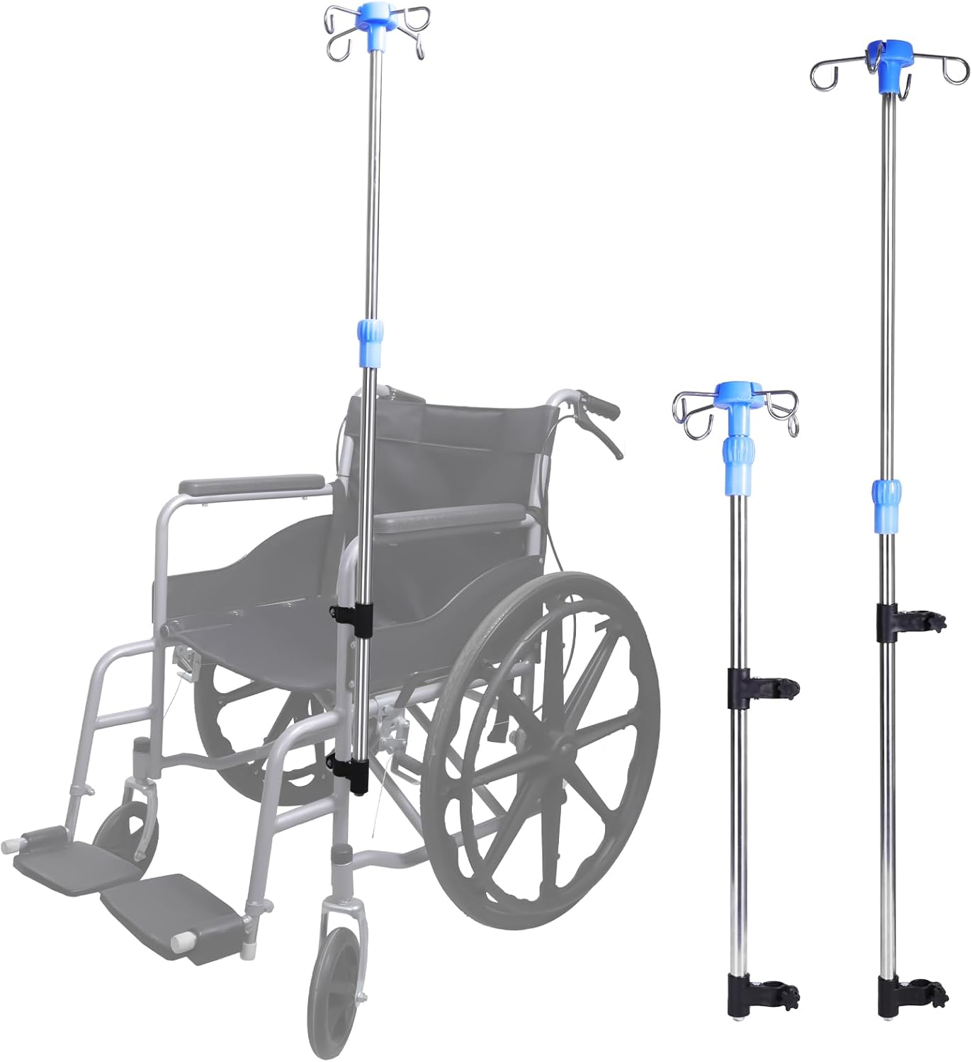 Wheelchair IV Pole Stainless Steel Infusion Stand – Adjustable Height Medical IV Drip Holder with 4 Hooks, Clamp-On Design for Wheelchairs and Hospital Beds