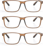 3 Pack Plastic Frame Classic Rectangular Style Reading Glasses for Men and Women, Brown, Green and Grey