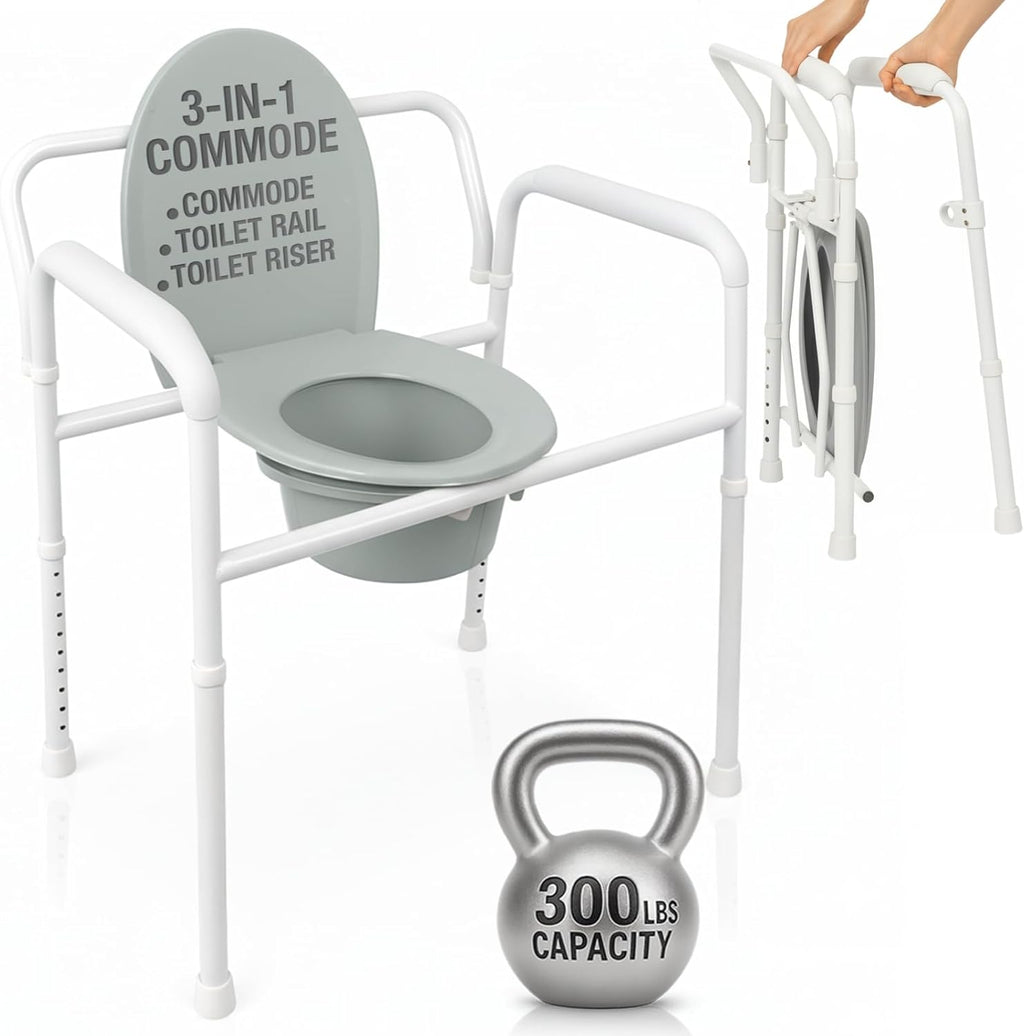 Vive Bedside Commode Toilet Chair (Folding) - 350 lb Capacity, Safety Rail, Shower Chair - 3 in 1 Heavy Duty Bariatric Bucket with Padded Arms, Tight Lid – Portable Seat for Home - Steel