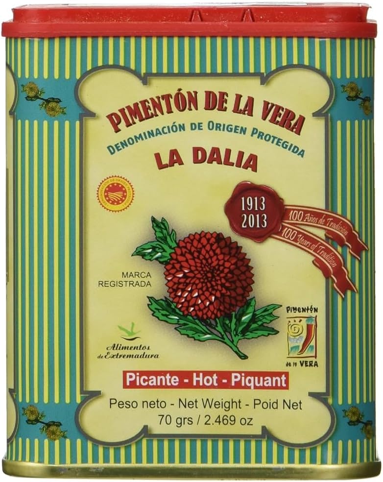La Dalia Hot Smoked Paprika Powder, Authentic Spanish Pimentón de la Vera, DOP Certified, Bold Heat and Smoky Flavor, Adds a Kick to Chicken, Meat, Rice and Sauces, 2.46oz (Pack of 1)