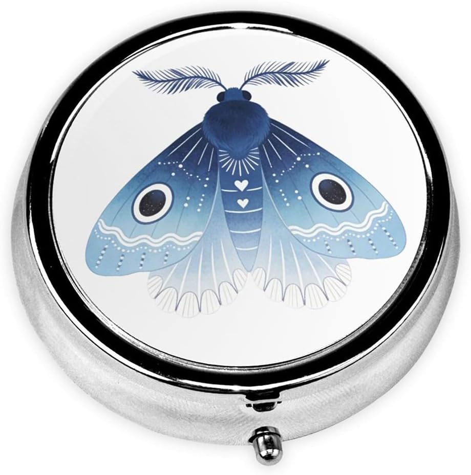 3 Compartment Travel Pill Case, Sealed Portable Pill Container Mini Size Metal Pill Box for Pocket Purse, Three Times a Day Pill Organizer for Children, Woman and Men - Blue Moth