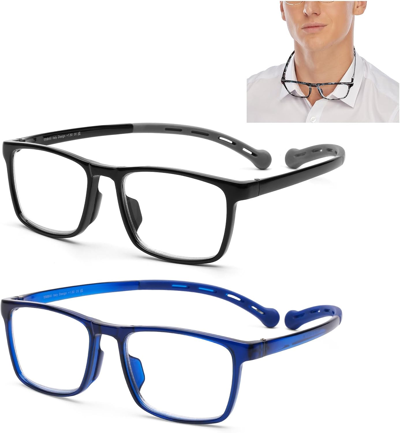 AQWANO Sports Style Reading Glasses Women Men, Flexible TR90 Readers Long Arm Neck Hanging Anti Computer Blue Light Glasses