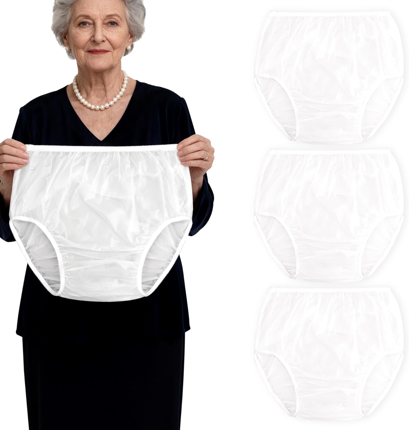Adult Diaper Cover Plastic Pants, Washable Reusable Waterproof Underwear, Rubber Pants for Adults with Leak Protection, Adjustable Briefs for Incontinence Care (White, X-Large)