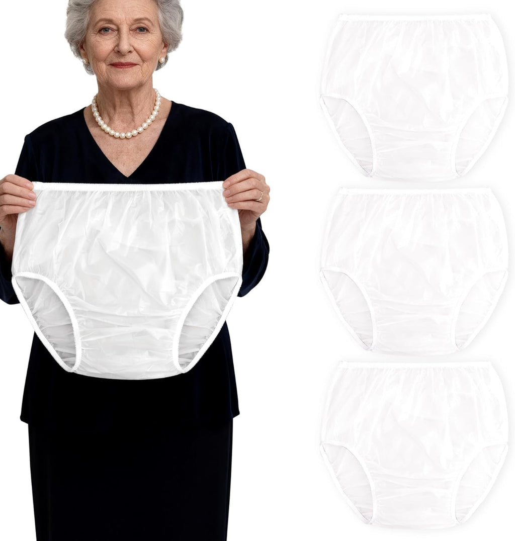 Adult Diaper Cover Plastic Pants, Washable Reusable Waterproof Underwear, Rubber Pants for Adults with Leak Protection, Adjustable Briefs for Incontinence Care (White, Large)