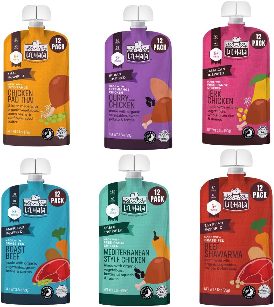 Li'l Hala Foods - Baby Meat Pouches - (Variety 6 Pack) | Baby Food Purees with Protein, Healthy Fats & Fiber from Real Meat & Organic Veggies
