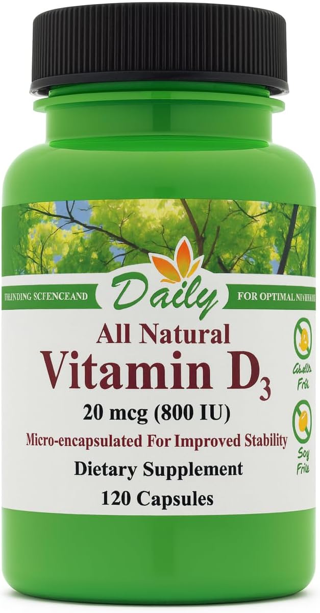 Daily Manufacturing Vitamin D3‑800 IU (20 mcg) – Non‑GMO, Gluten‑Free, Kosher, Vegetarian Capsules – Supports Bone, Immune & General Wellness – 120 Count