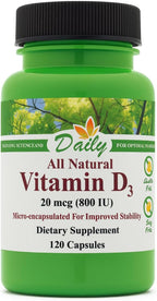 Daily Manufacturing Vitamin D3‑800 IU (20 mcg) – Non‑GMO, Gluten‑Free, Kosher, Vegetarian Capsules – Supports Bone, Immune & General Wellness – 120 Count