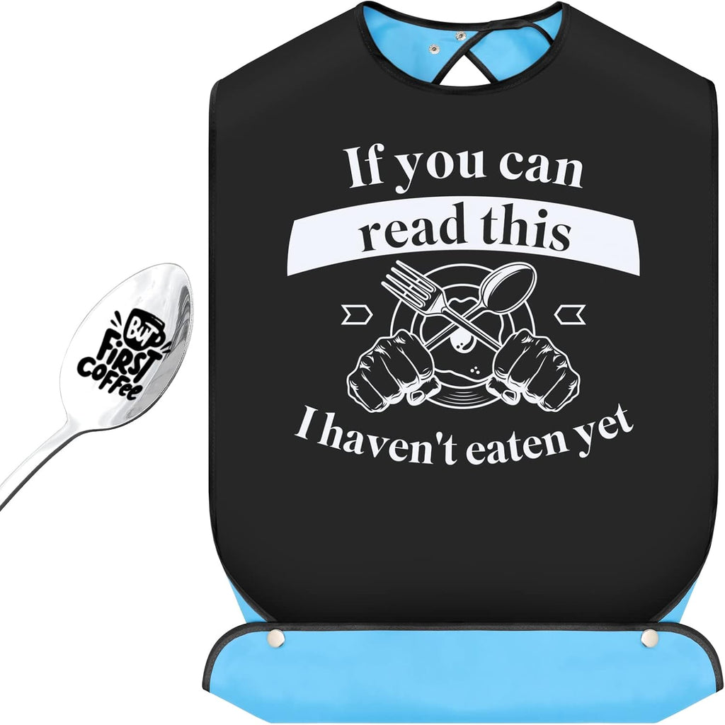 FreeNFond Funny Adult Bibs for Men Women Elderly Eating Clothing Protectors with Crumb Catcher and Coffee Spoon Gag Gifts (Read)