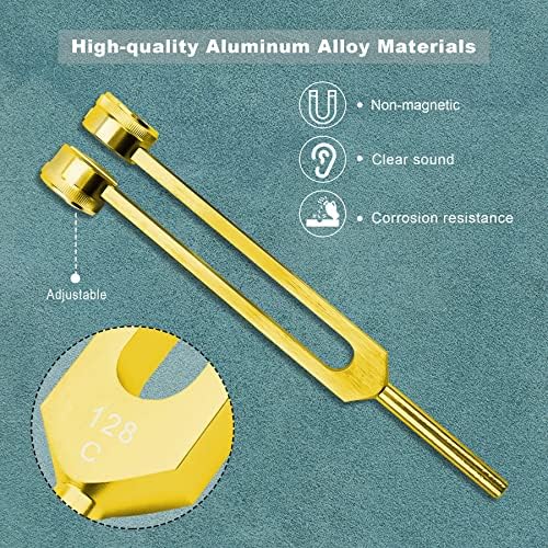 Tuning Fork Set 128Hz 256Hz 512Hz with Reflex Hammer, Gold Aluminum Alloy Tuning Forks for Sound Therapy, Meditation & Yoga, 3 PCS