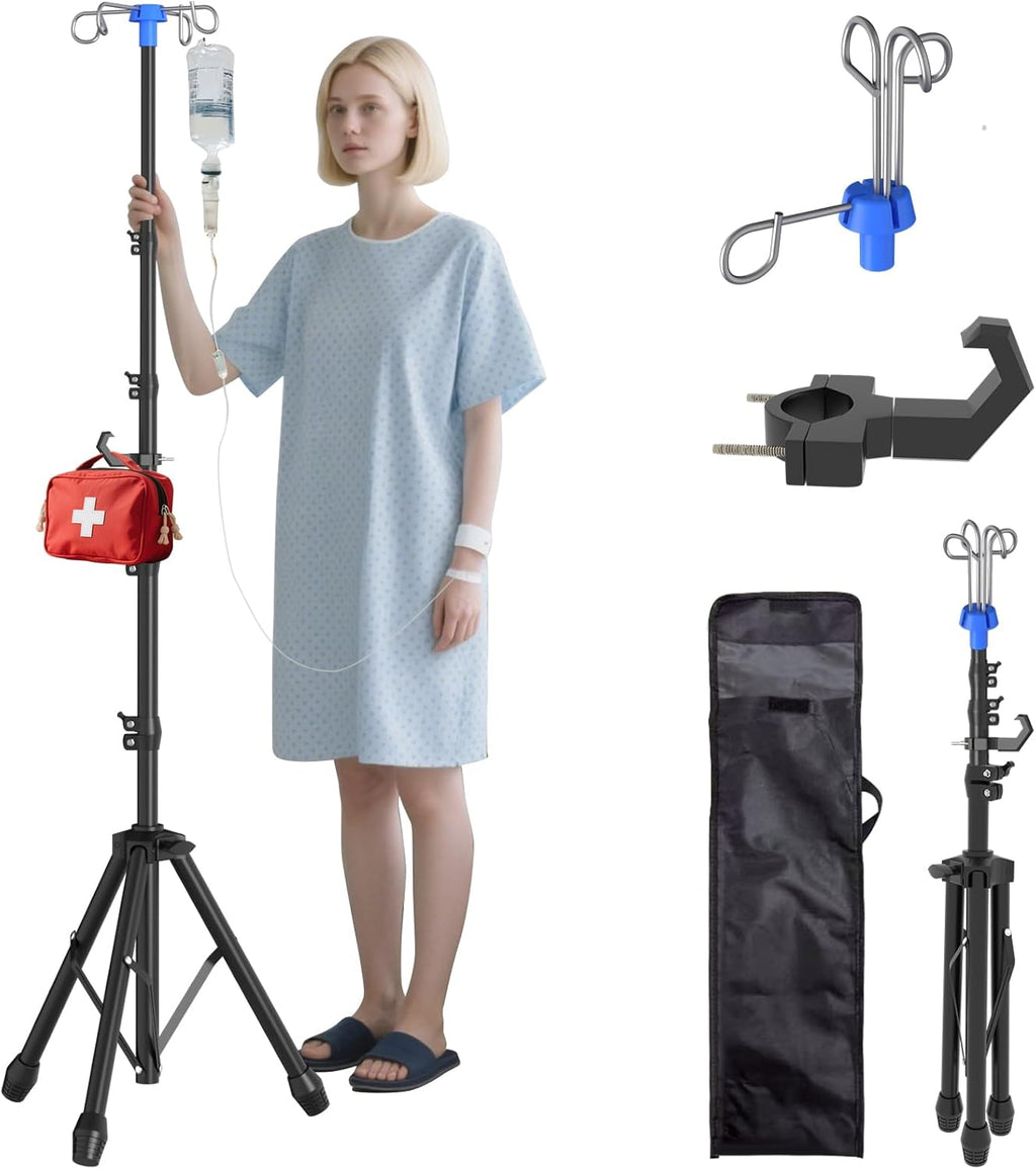 Foldable IV Pole Stand, Portable Telescoping Floor Stand with 4 Hooks, Height Adjustable, Travel Infusion Pole for Home Care, Hospitals, Nursing Homes and When Traveling