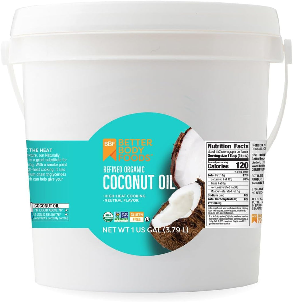 BetterBody Foods Refined Organic Coconut Oil with Neutral Flavor and Aroma, Non-GMO, Cooking Oil, 1 Gallon
