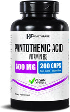 Healthfare Pantothenic Acid 500mg Vitamin B5 Supplement | 200 Vegan Capsules | Extra Strength Energy & Metabolism Support | Non-GMO, Gluten-Free | Made in USA
